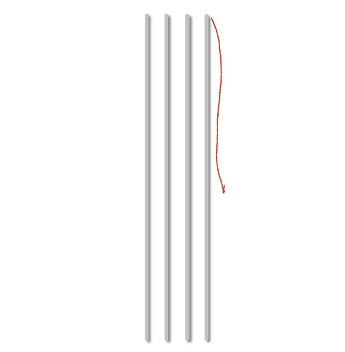 A set of four white straws with red string.